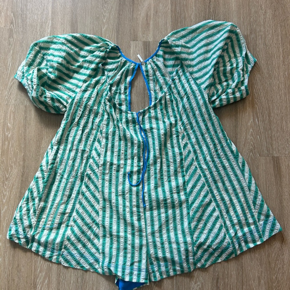 Free People Green and White Striped Puff-Sleeve Mini Dress - Picture 4 of 6